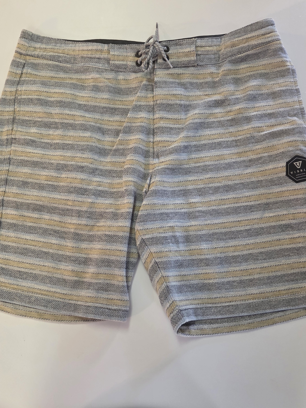 VISSLA Striped Drawstring Hybrid Shorts in Gray and Tan